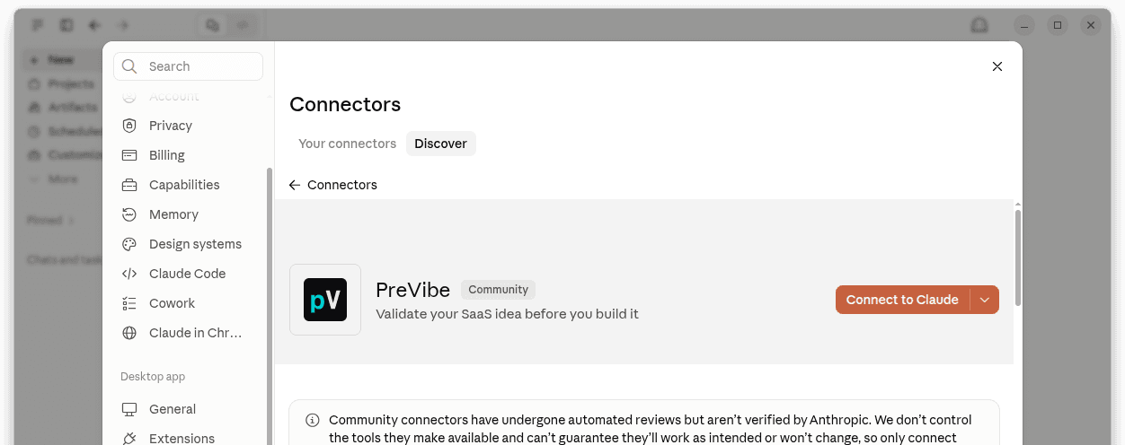 The PreVibe connector page in the Claude connectors directory, with the Connect to Claude button