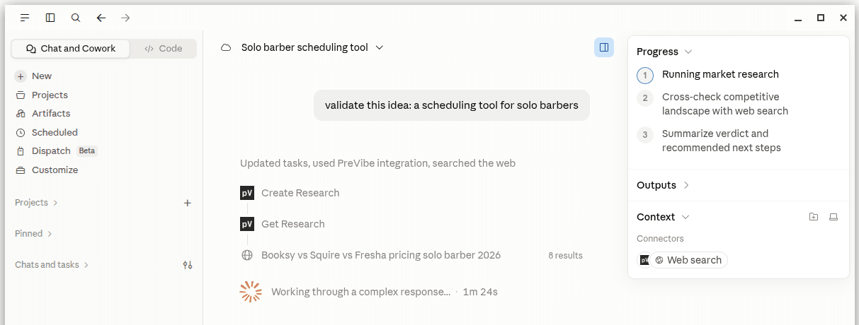 Claude calling the PreVibe Create Research and Get Research tools, with a progress panel listing the steps