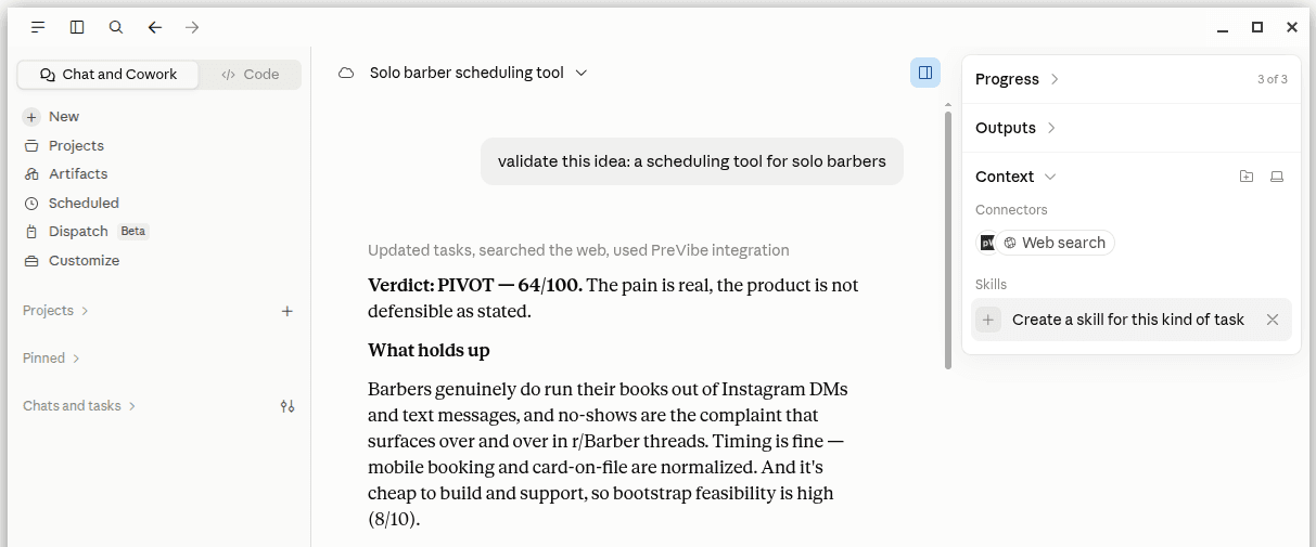 A PreVibe verdict in Claude reading PIVOT, 64 out of 100, with the reasoning underneath